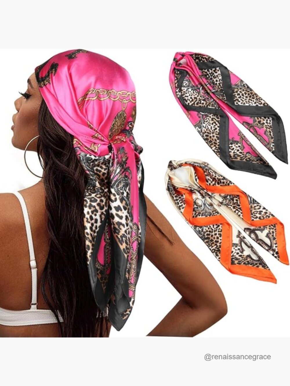 2 Pack 35" Square Satin Hair Scarf Head Wrap for Women Sleeping Styling